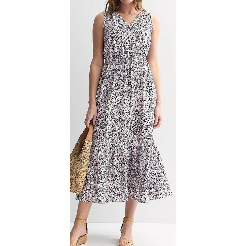 Sonoma Women's Rayon Button Bodice Midi/Maxi Dress - Coral Navy Floral - Medium